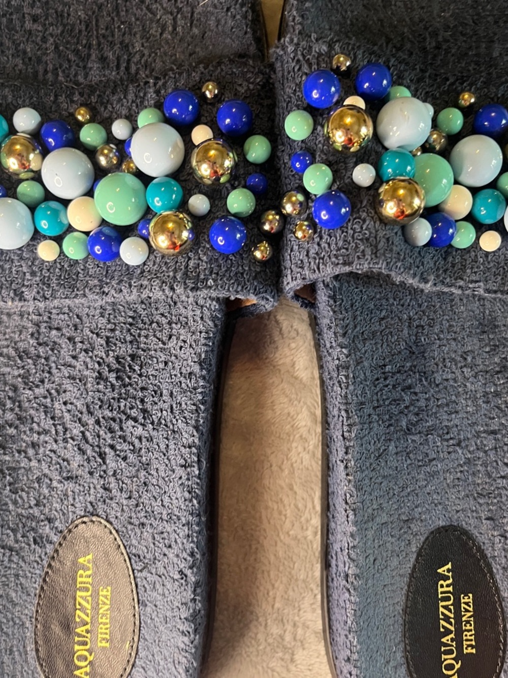 Aquazzura Gray Terry Slide Sandals with Blue, Teal & Gold Beading